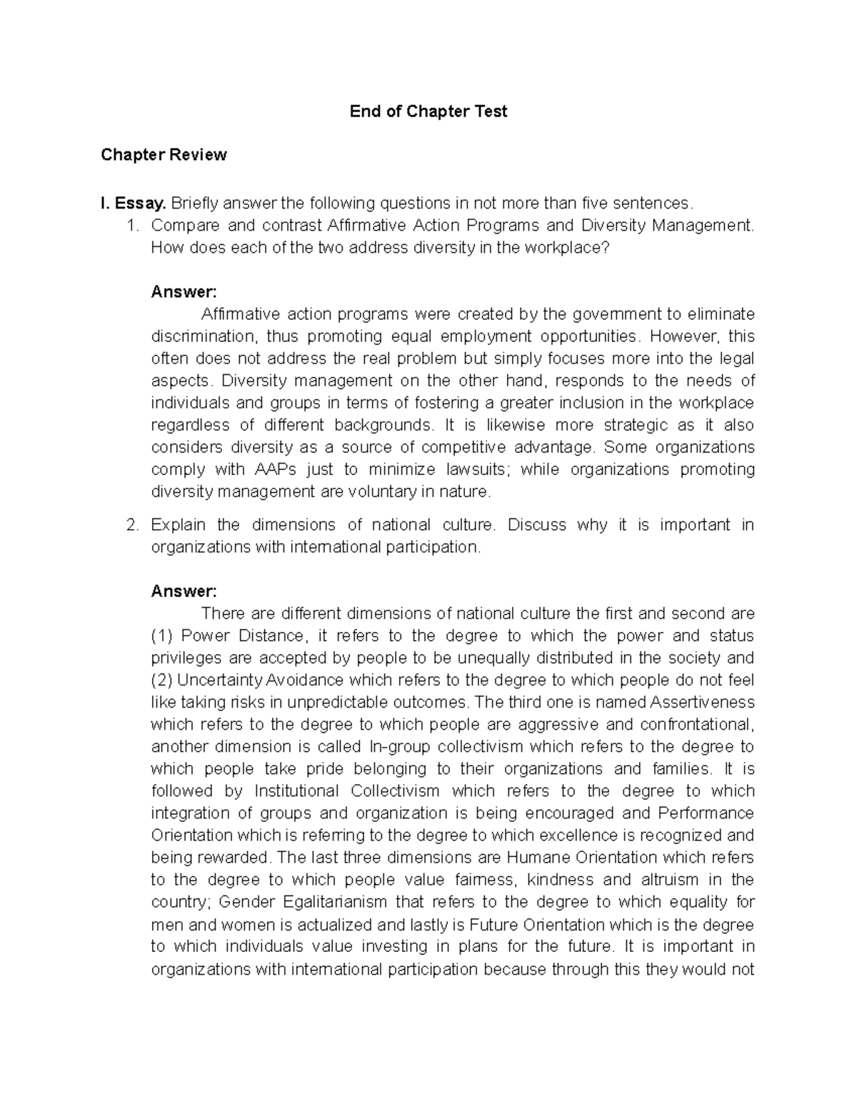 End of Chapter Test in Organizational Behavior End of Chapter Test