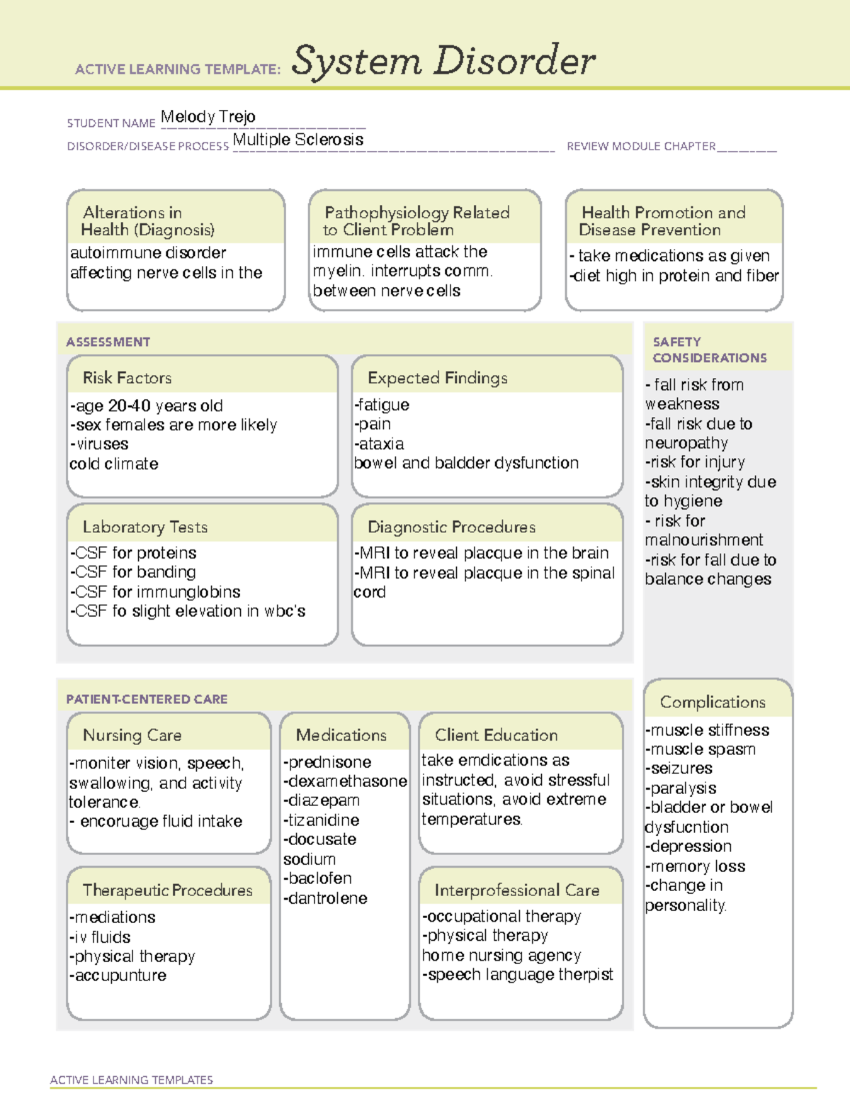 Multiple sclerosis System disorder ACTIVE LEARNING TEMPLATES System