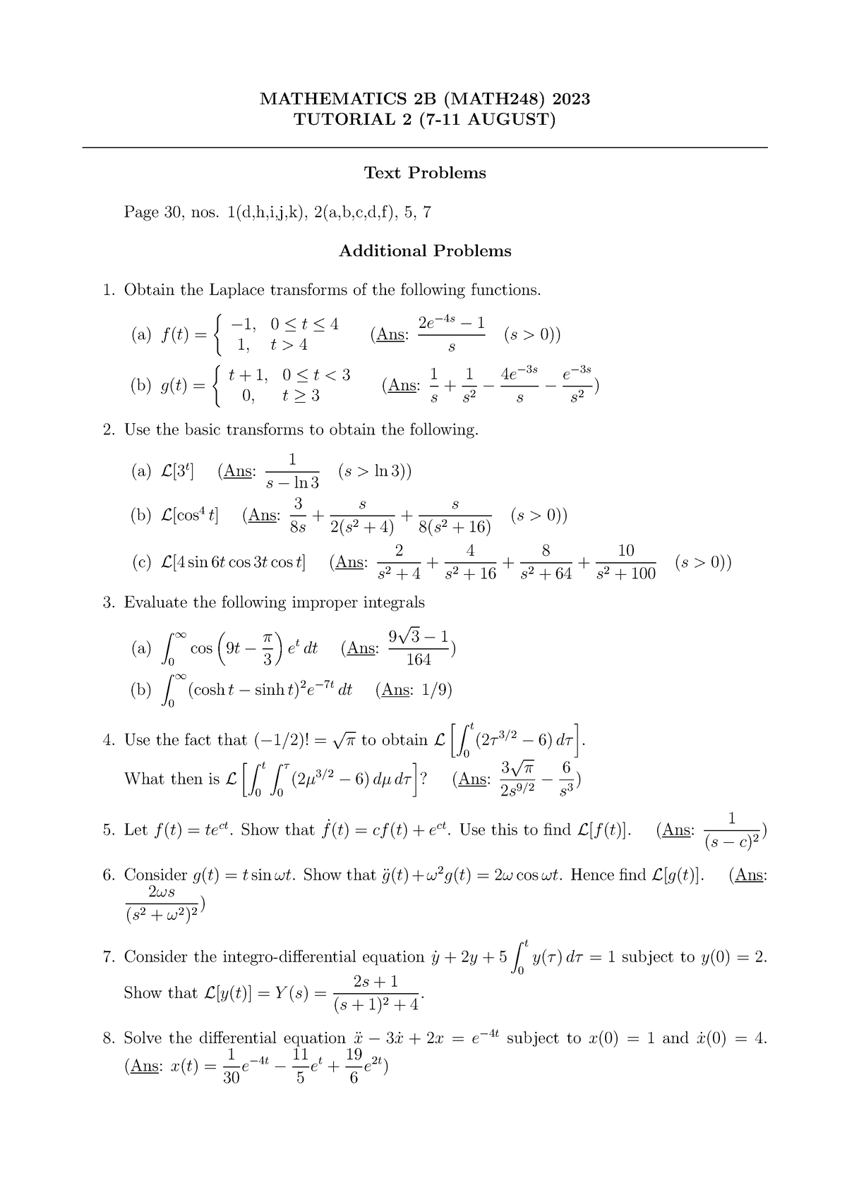 Tutorial 2 (2023) - studying material - MATHEMATICS 2B (MATH248) 2023 ...