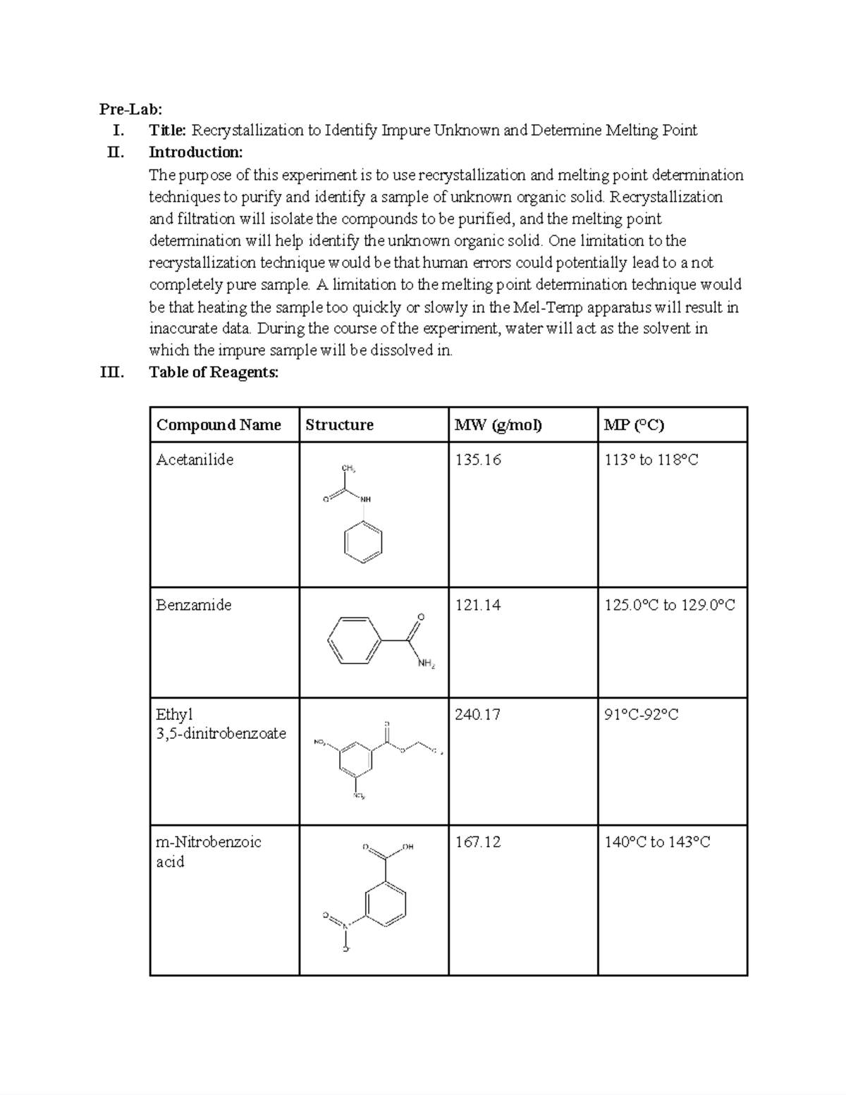 Experiment 1 Recrystallization Prelab - Pre-Lab: I. Title ...