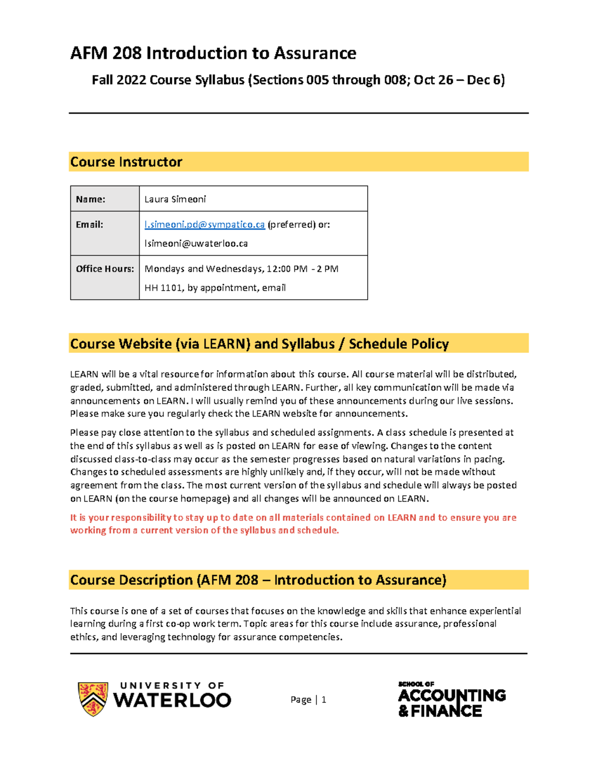 Fall 2022 AFM 208 Course Syllabus (only) no schedule OCT - DEC) Final ...