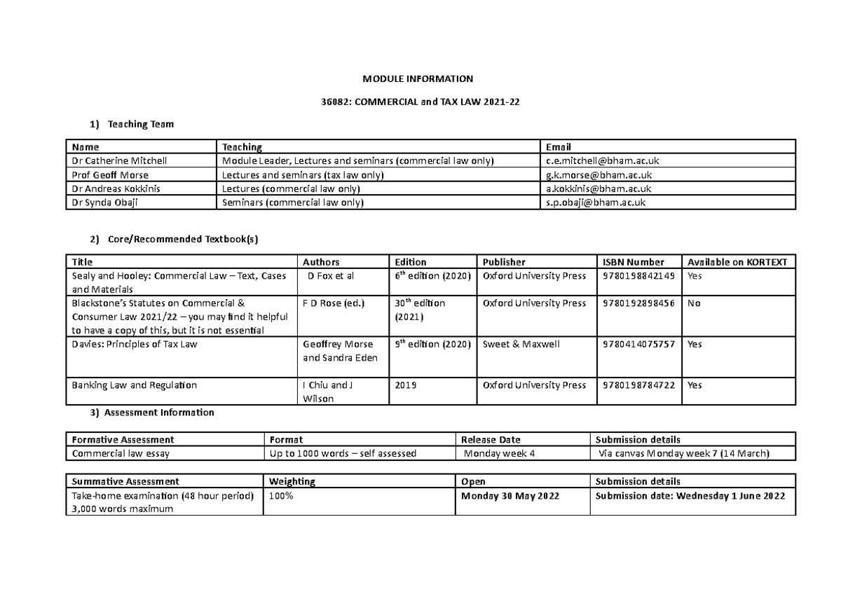 Module Info MODULE INFORMATION 36082 COMMERCIAL and TAX LAW 2021 1