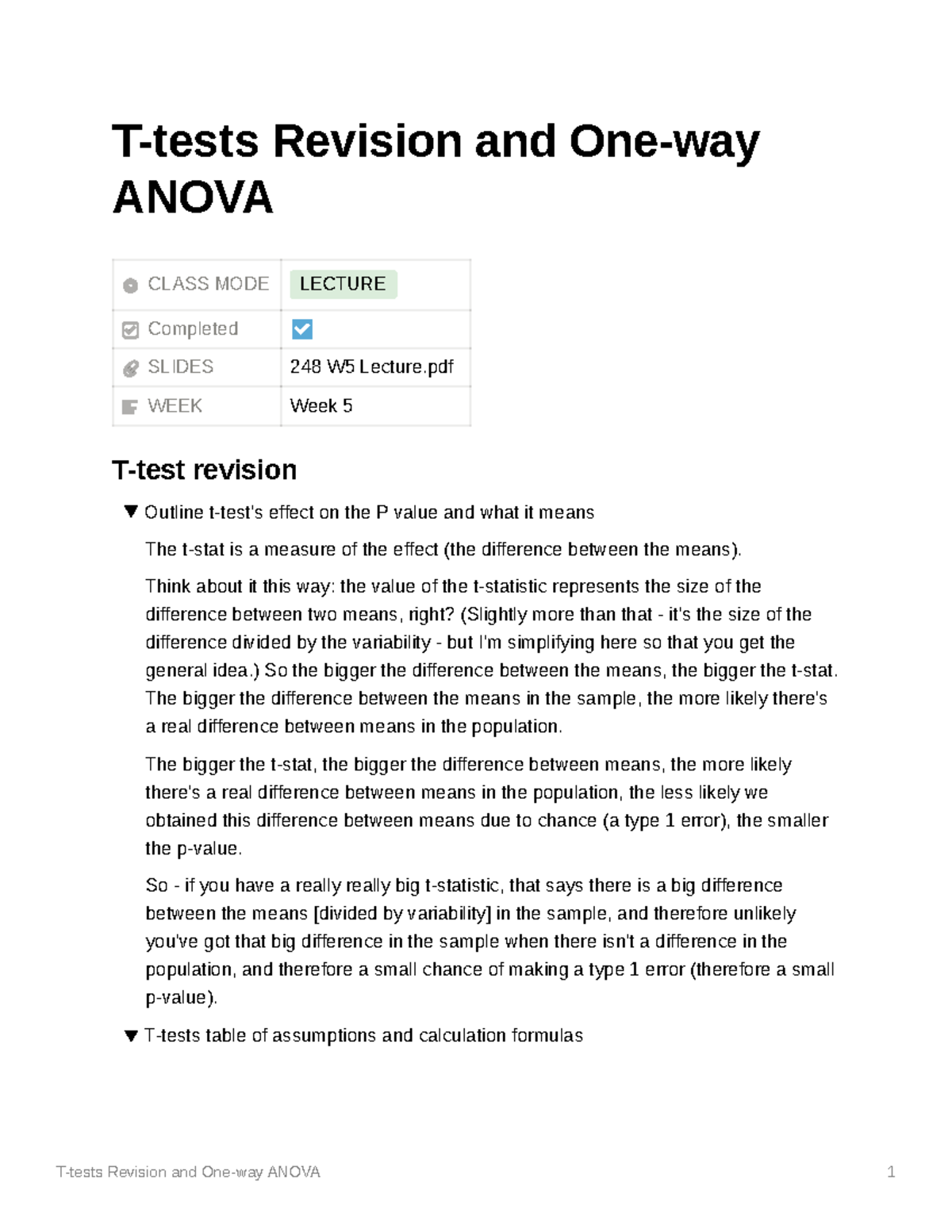 PSYU2248 W5 Lecture Notes - T-tests Revision and One-way ANOVA CLASS ...