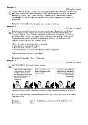 Lógica - Questionário Unidade III - ADS - UNIP 2023 - Pergunta 1 0,25 ...