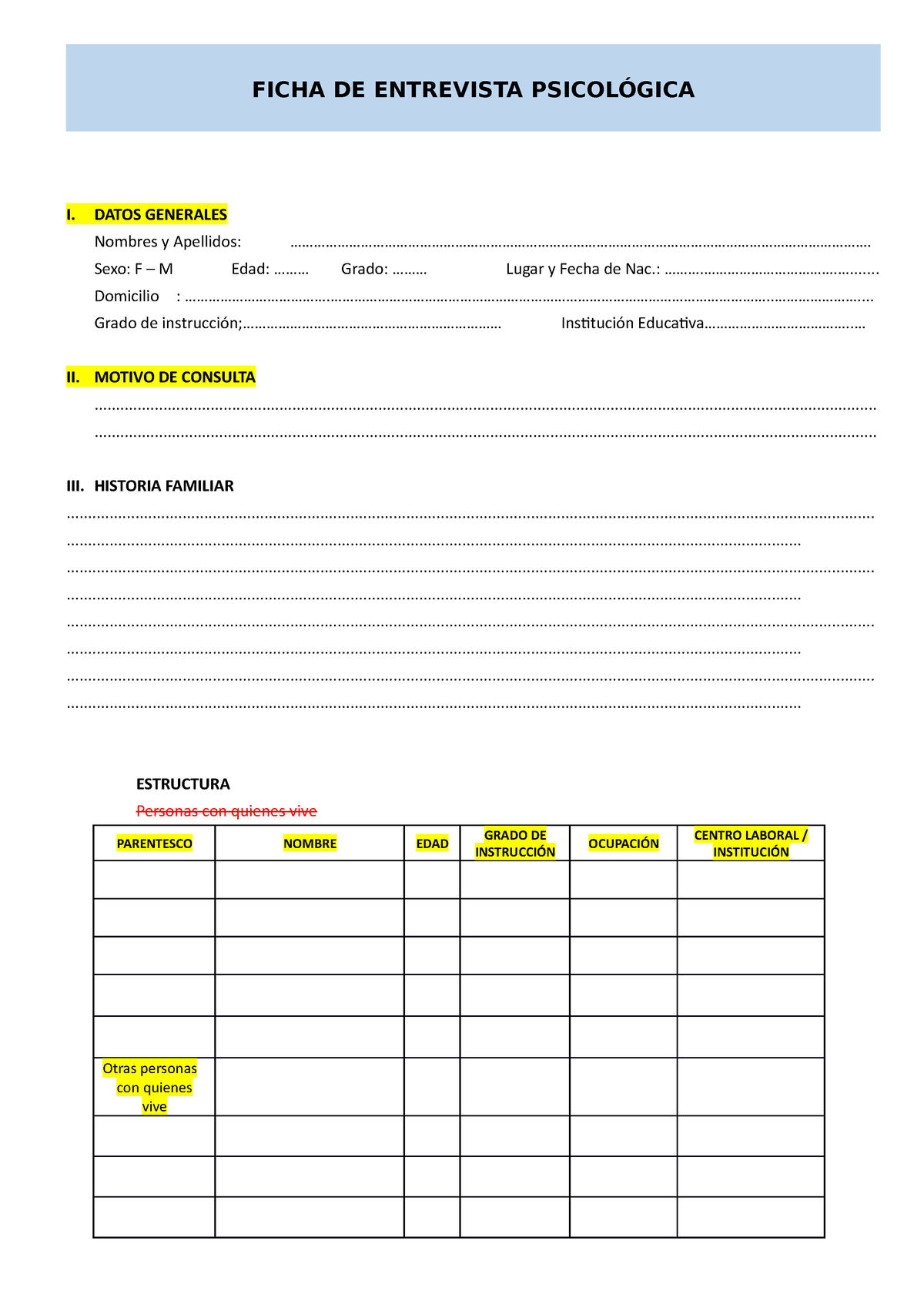 Ficha De Entrevista Psicológica Ficha De Entrevista PsicolÓgica I Datos Generales Nombres Y 0995