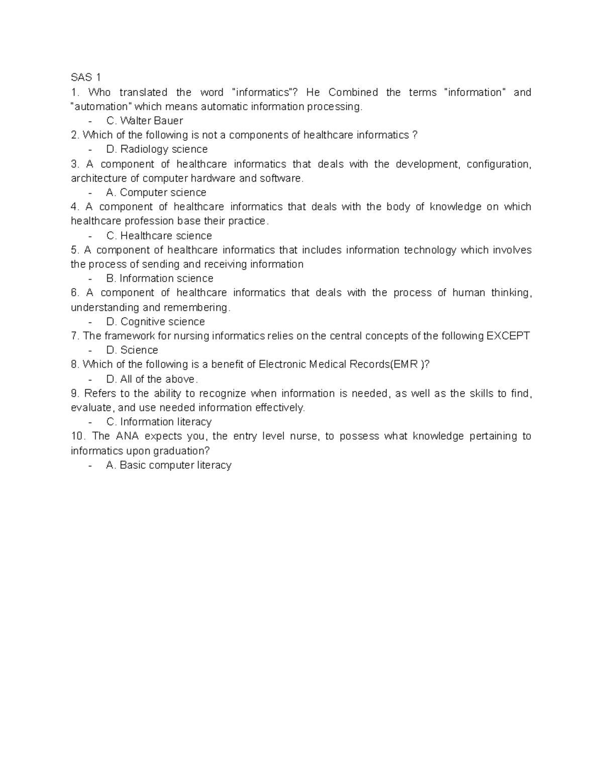 SAS 1- Informatics - SAS - SAS 1 Who Translated The Word “informatics ...