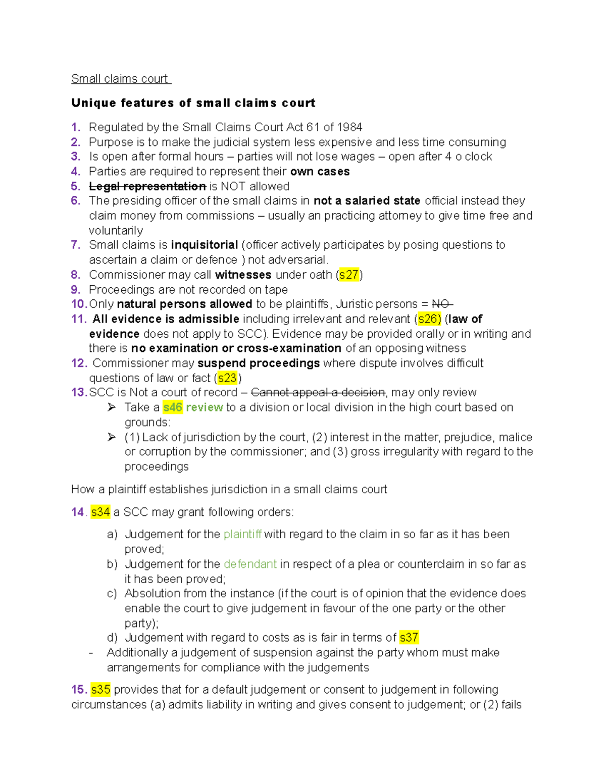 Civil Proc Notes Small Claims Court Small Claims Court Unique