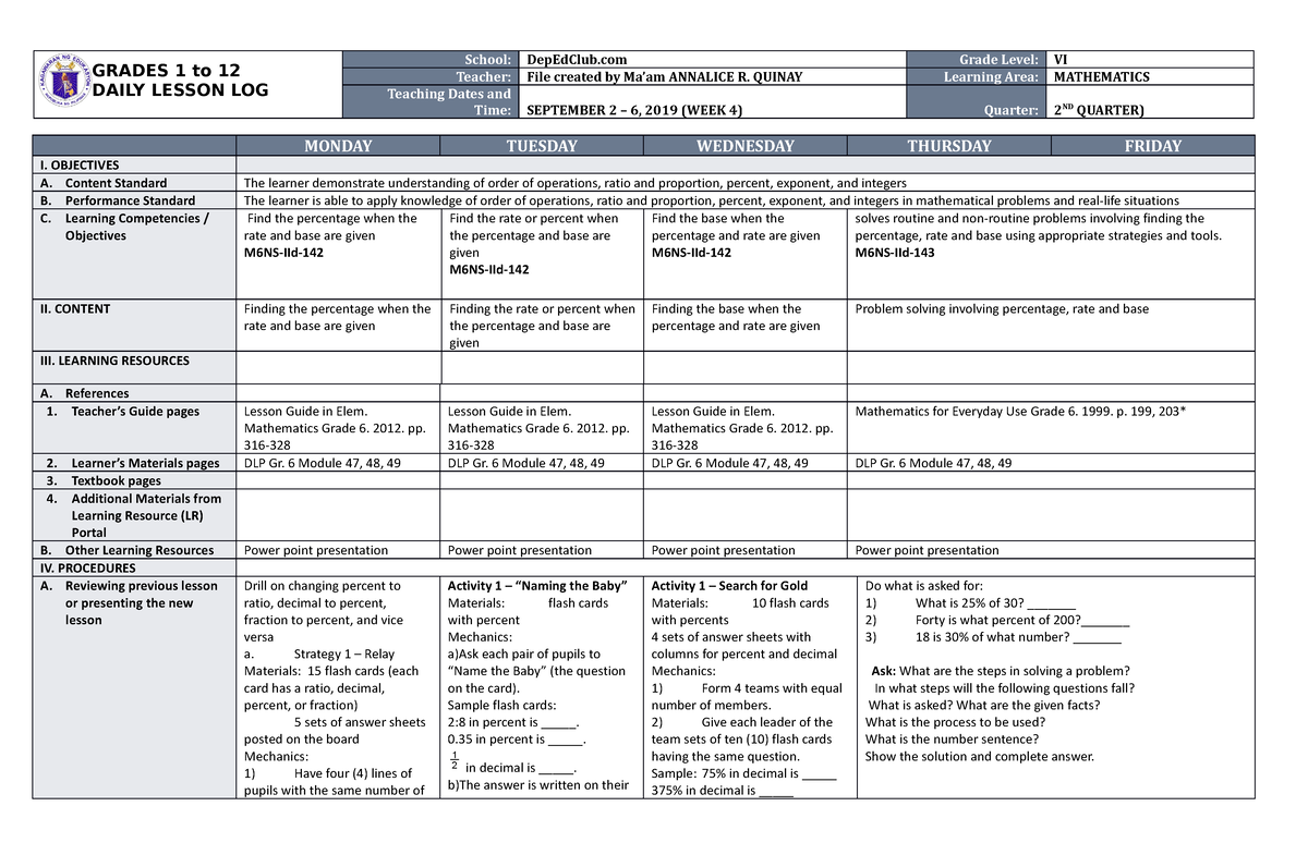 DLL Mathematics 6 Q2 W4 - DAILY LESSON LOG - GRADES 1 To 12 DAILY ...