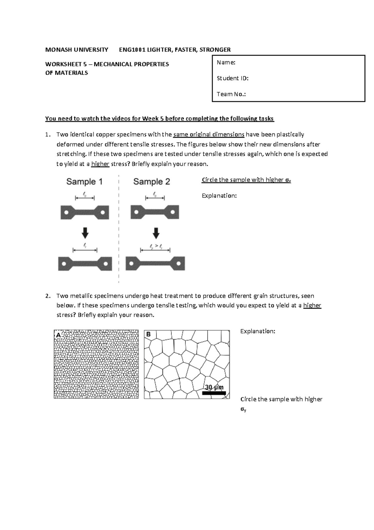 Worksheet 5 2020 S1 MONASH UNIVERSITY ENG1001 LIGHTER, FASTER