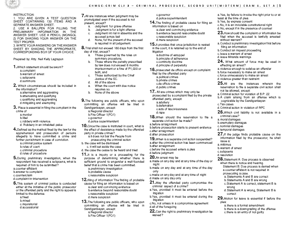 2 - Crim Pro - INSTRUCTION: 1. YOU ARE GIVEN A TEST QUESTION SHEET ...