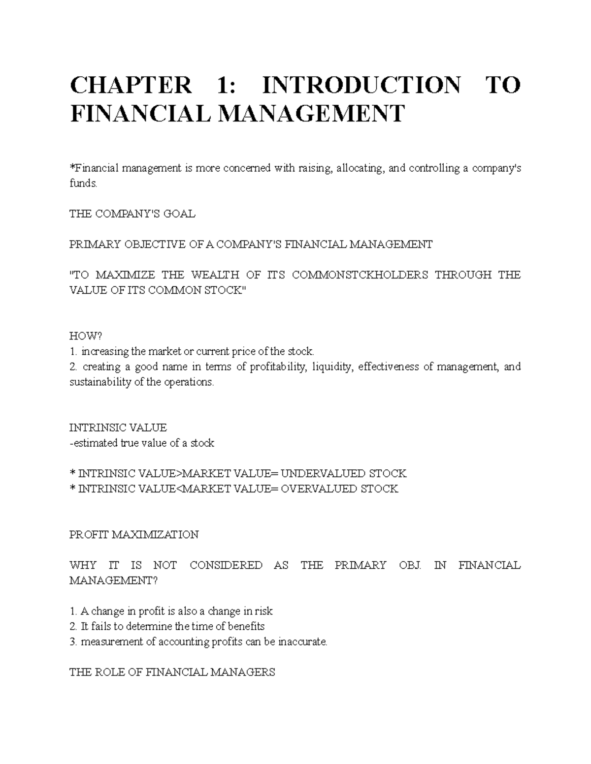 Financial Management Notes - CHAPTER 1: INTRODUCTION TO FINANCIAL ...