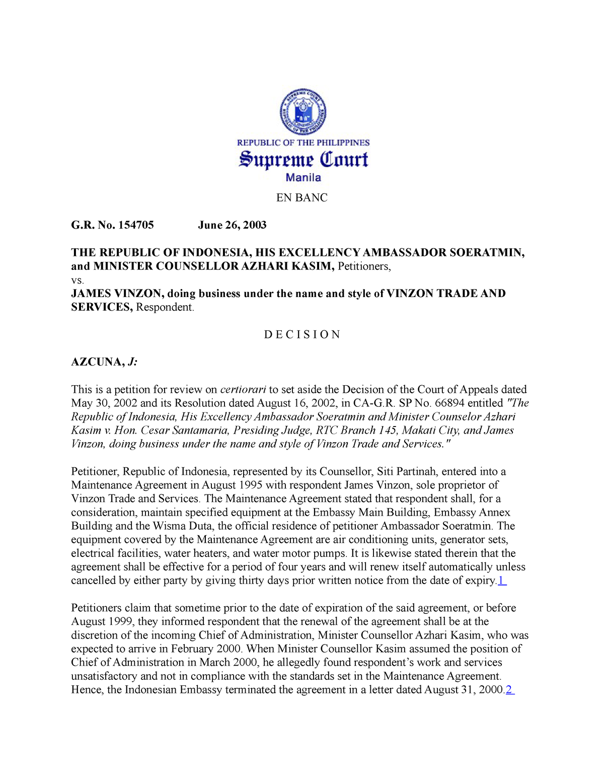 21. Rep. of Indonesia v. Vinzon, GR No. 154705, June 26, 2003 - EN BANC ...