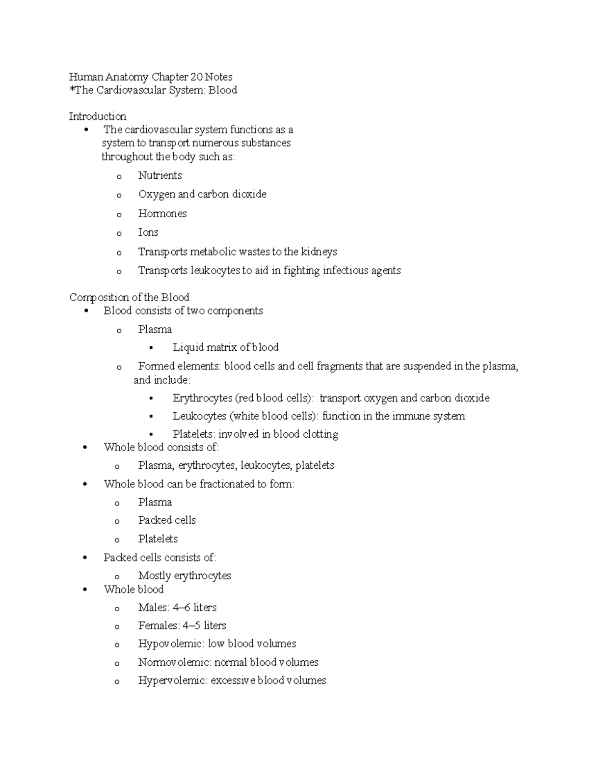 HCS212 Chapter 20 Notes - Human Anatomy Chapter 20 Notes *The ...