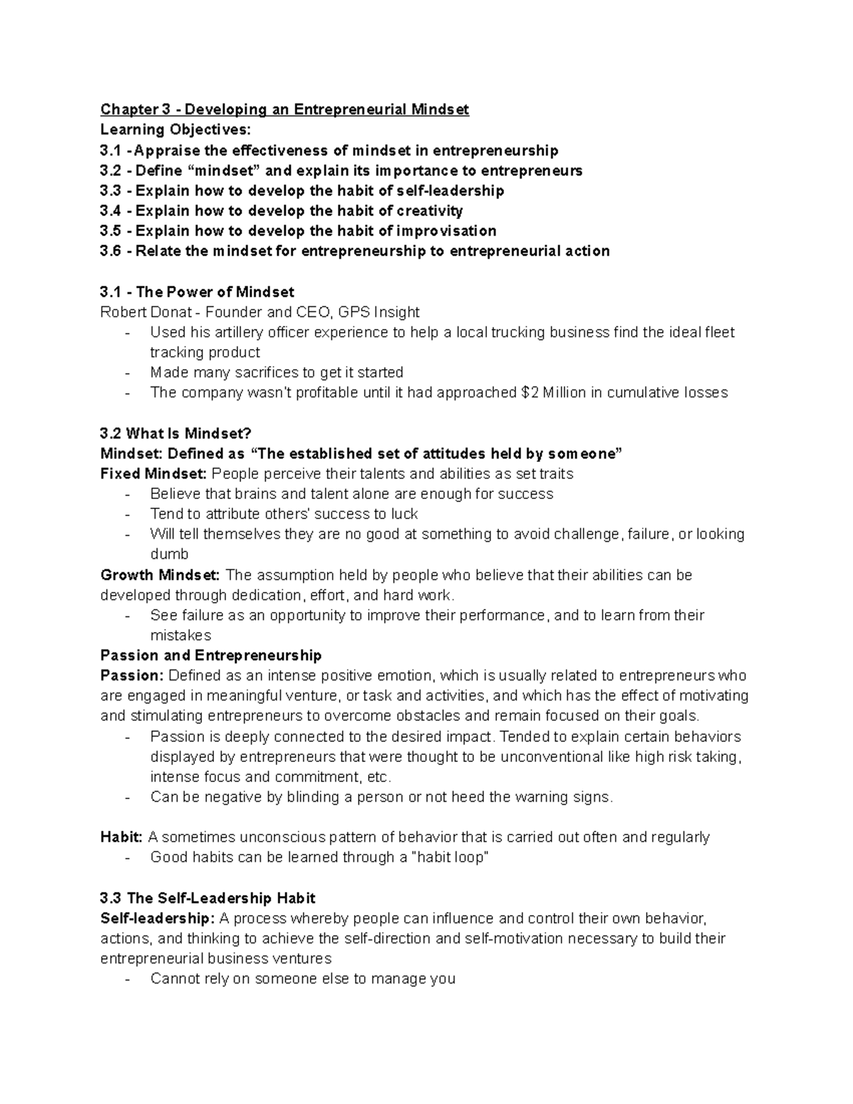 Chapter 3 Notes - Chapter 3 - Developing an Entrepreneurial Mindset ...