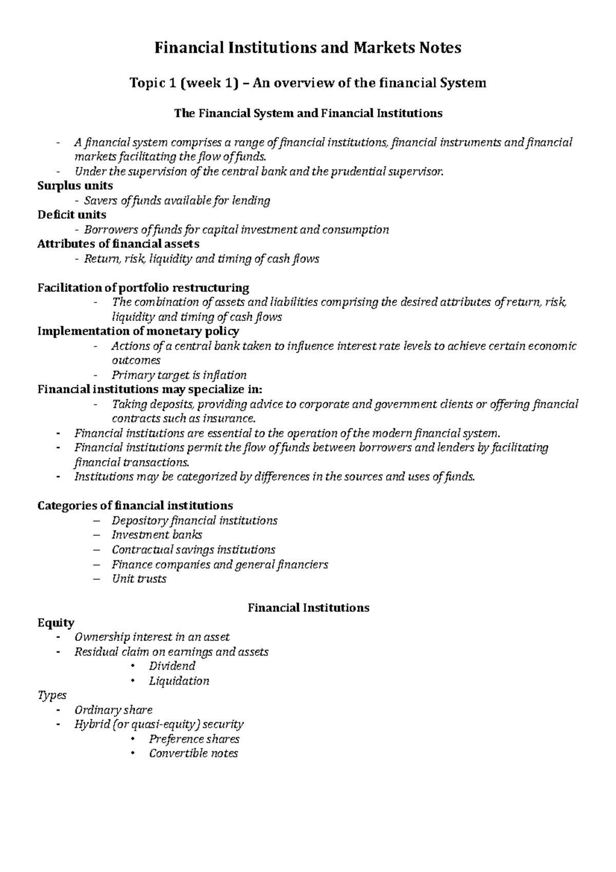 Financial Institutions and Markets Notes - Under the supervision of the ...