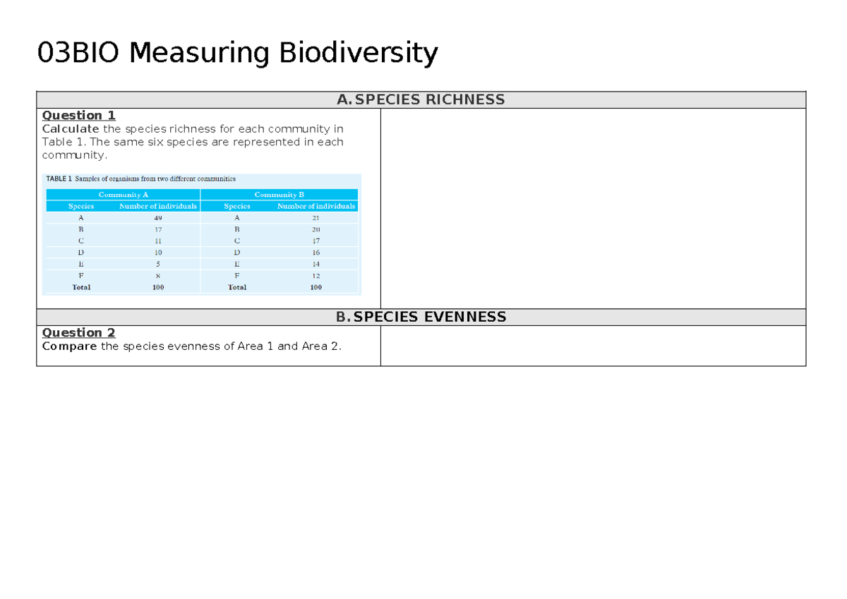 03BIO Measuring Biodiversity - SPECIES RICHNESS Question 1 Calculate ...
