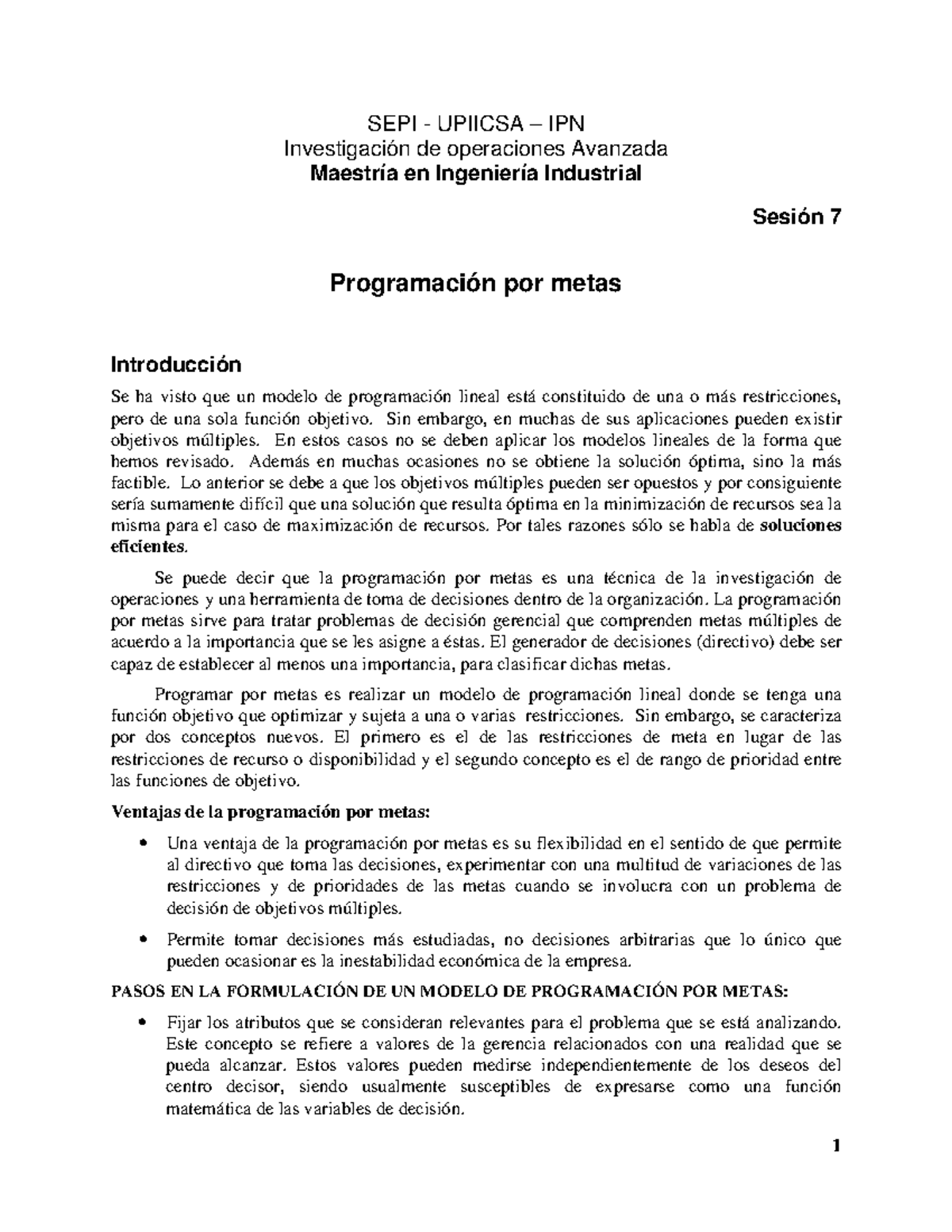 Programacion por metas - SEPI - UPIICSA – IPN Investigación de operaciones  Avanzada Maestría en - Studocu