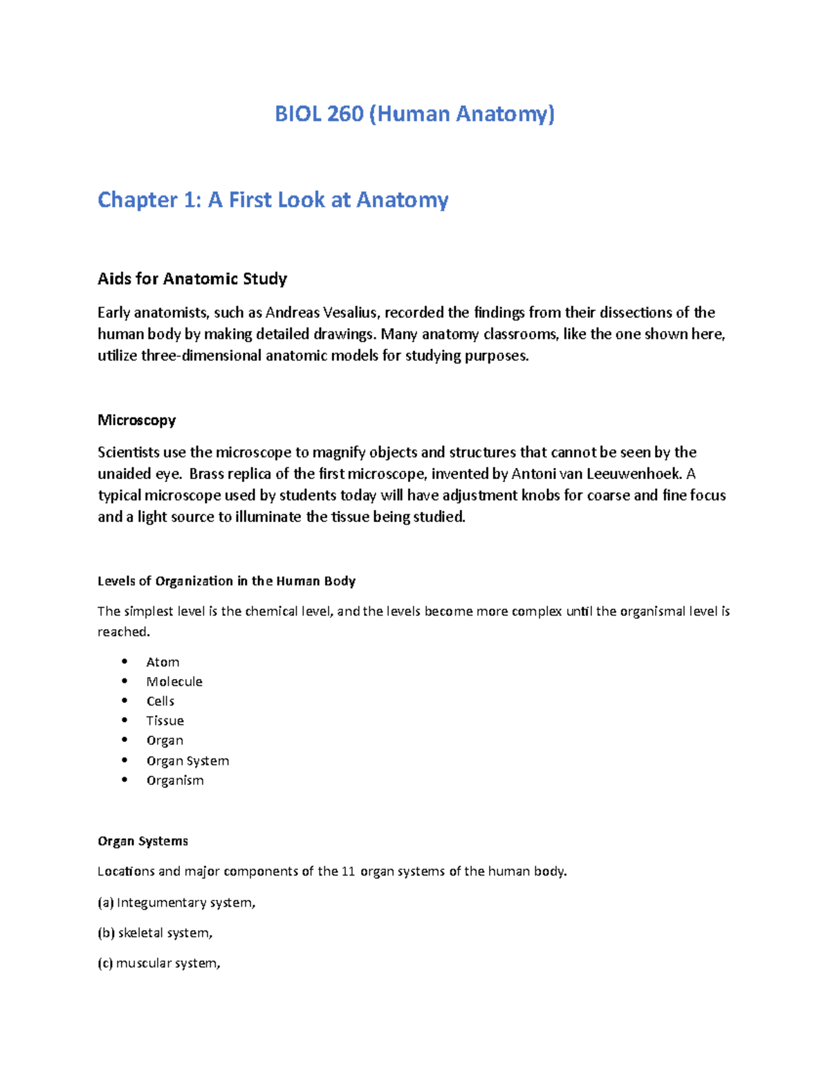 HUMAN ANATOMY CHAPTER 1 (LECTURE NOTES) - BIOL 260 (Human Anatomy ...