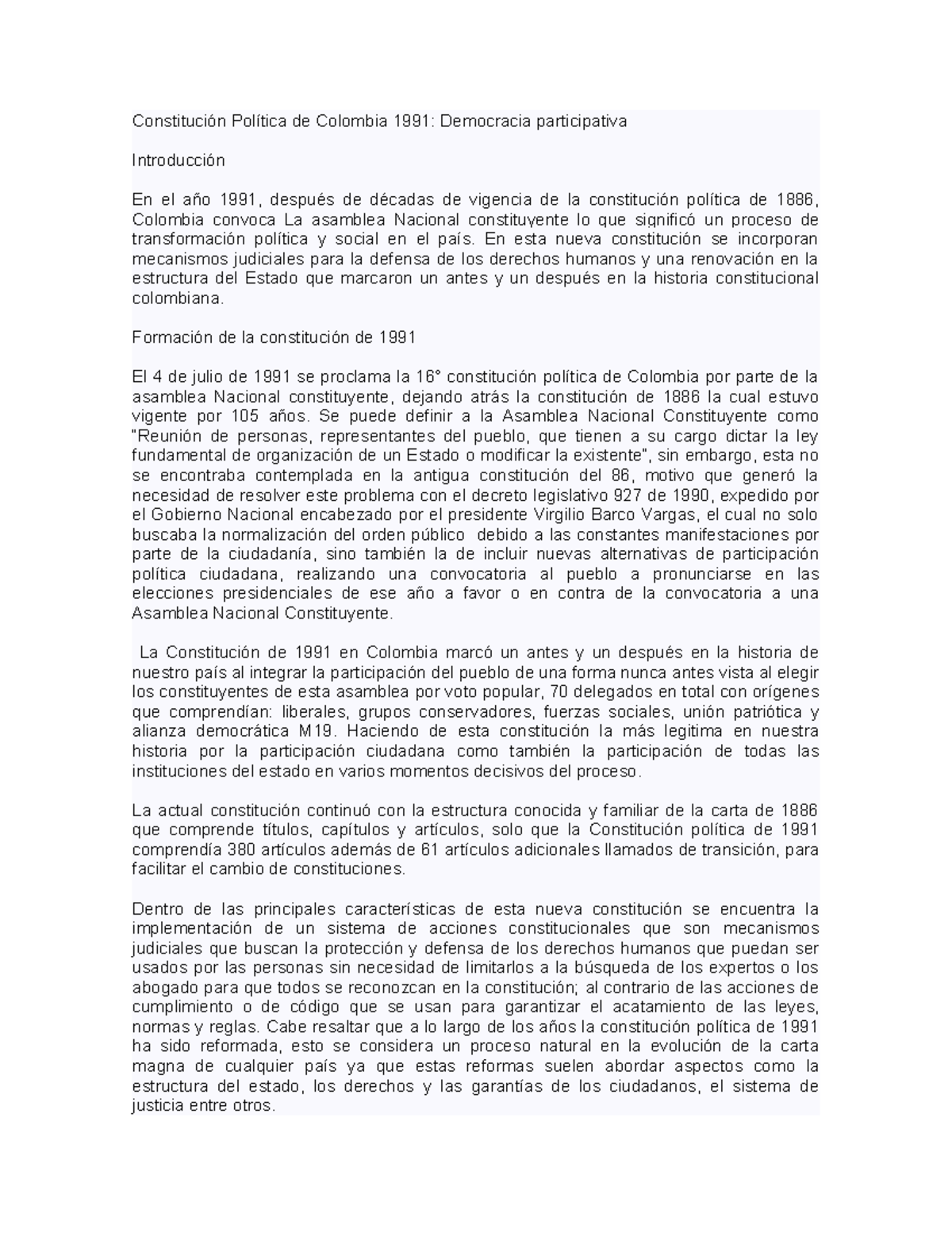 Entrega Derecho Constitucional - Constitución Política de Colombia 1991 ...