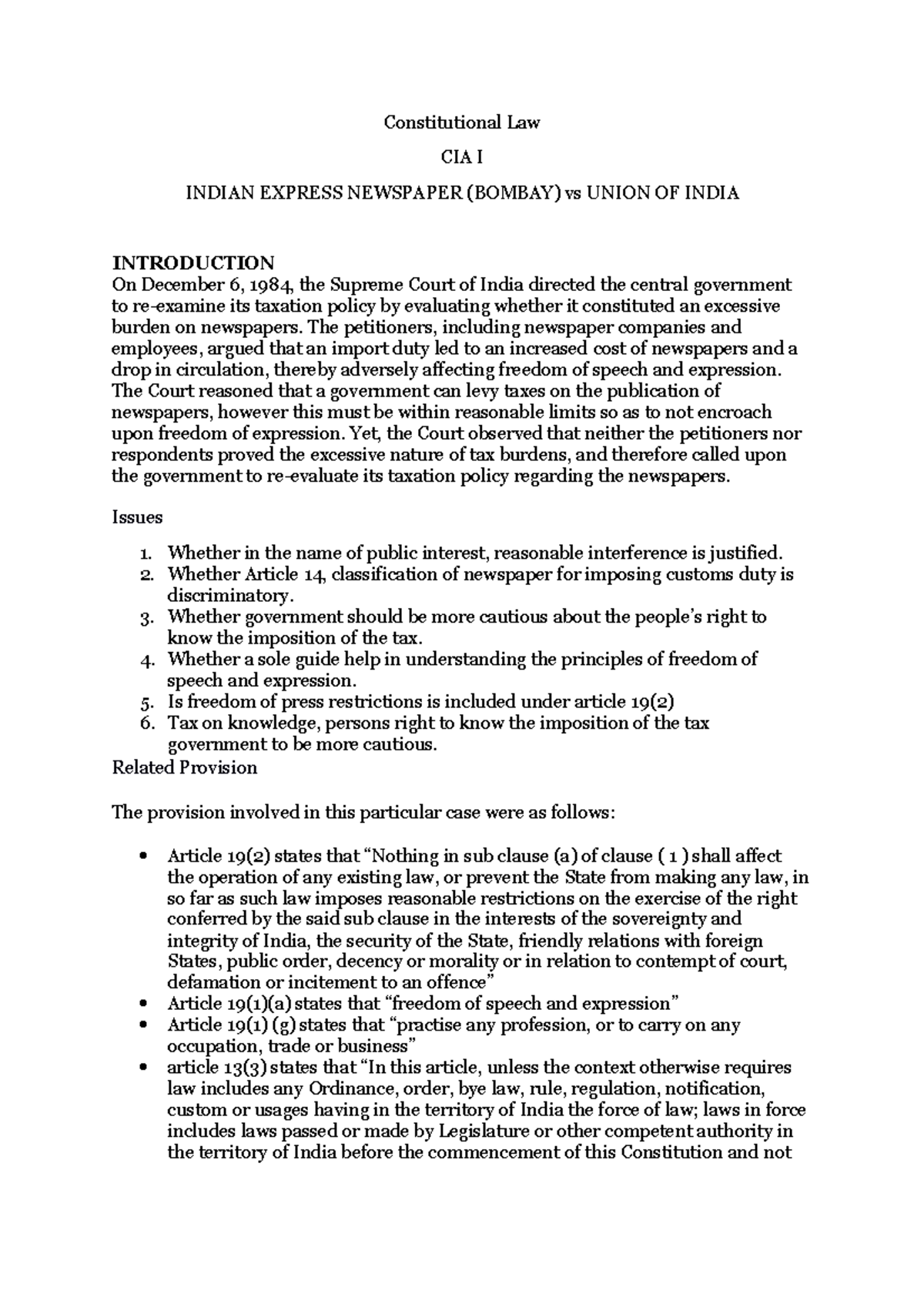 Constitutional Law Filac - Constitutional Law CIA I INDIAN EXPRESS ...