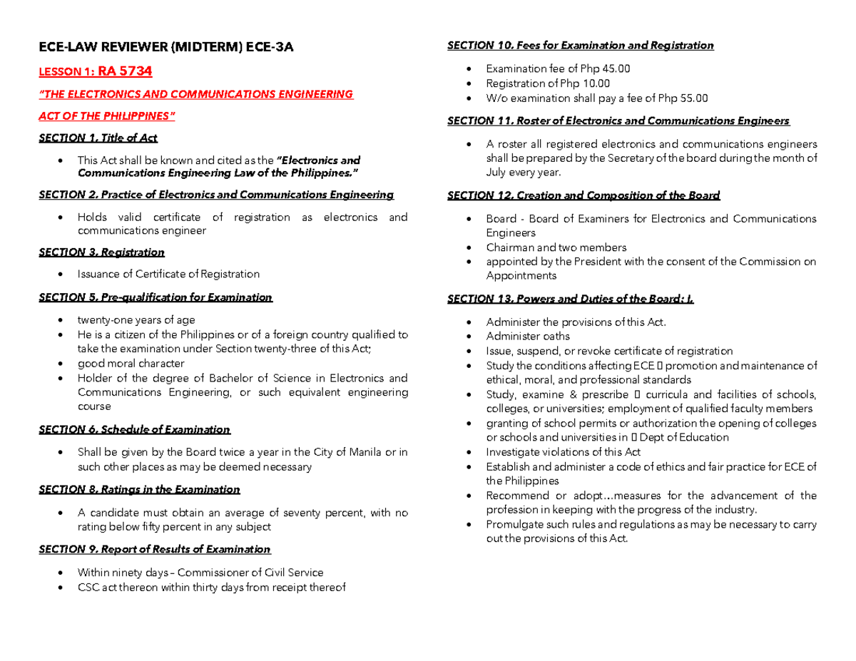 Midterm-ECE-LAW - ECE-LAW REVIEWER (MIDTERM) ECE-3A LESSON 1: RA 5734 ...