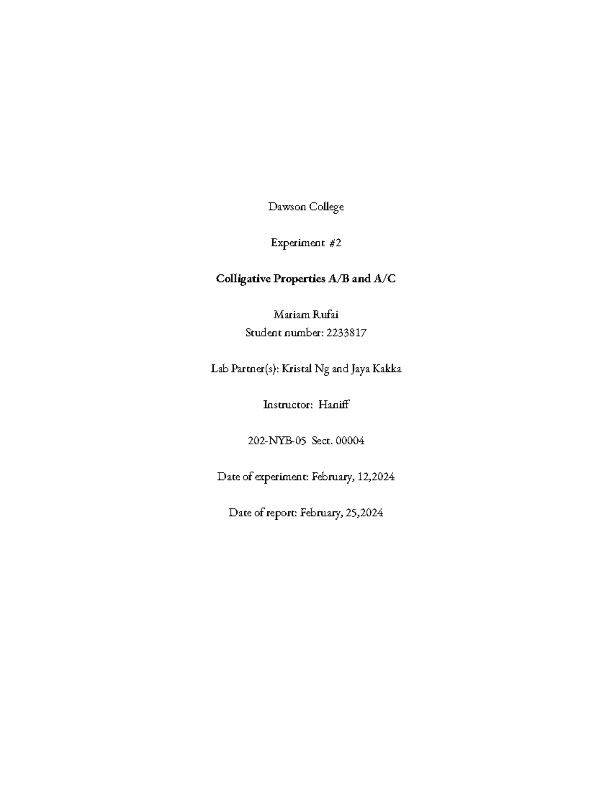 colligative lab report - Dawson College Experiment Colligative ...