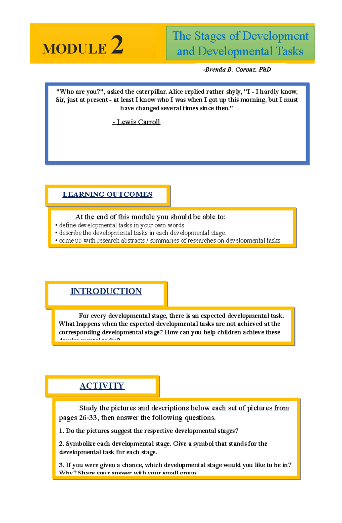 Module2 course L; The Stages of Development MODULE 2 and Developmental Tasks "Who are Studocu