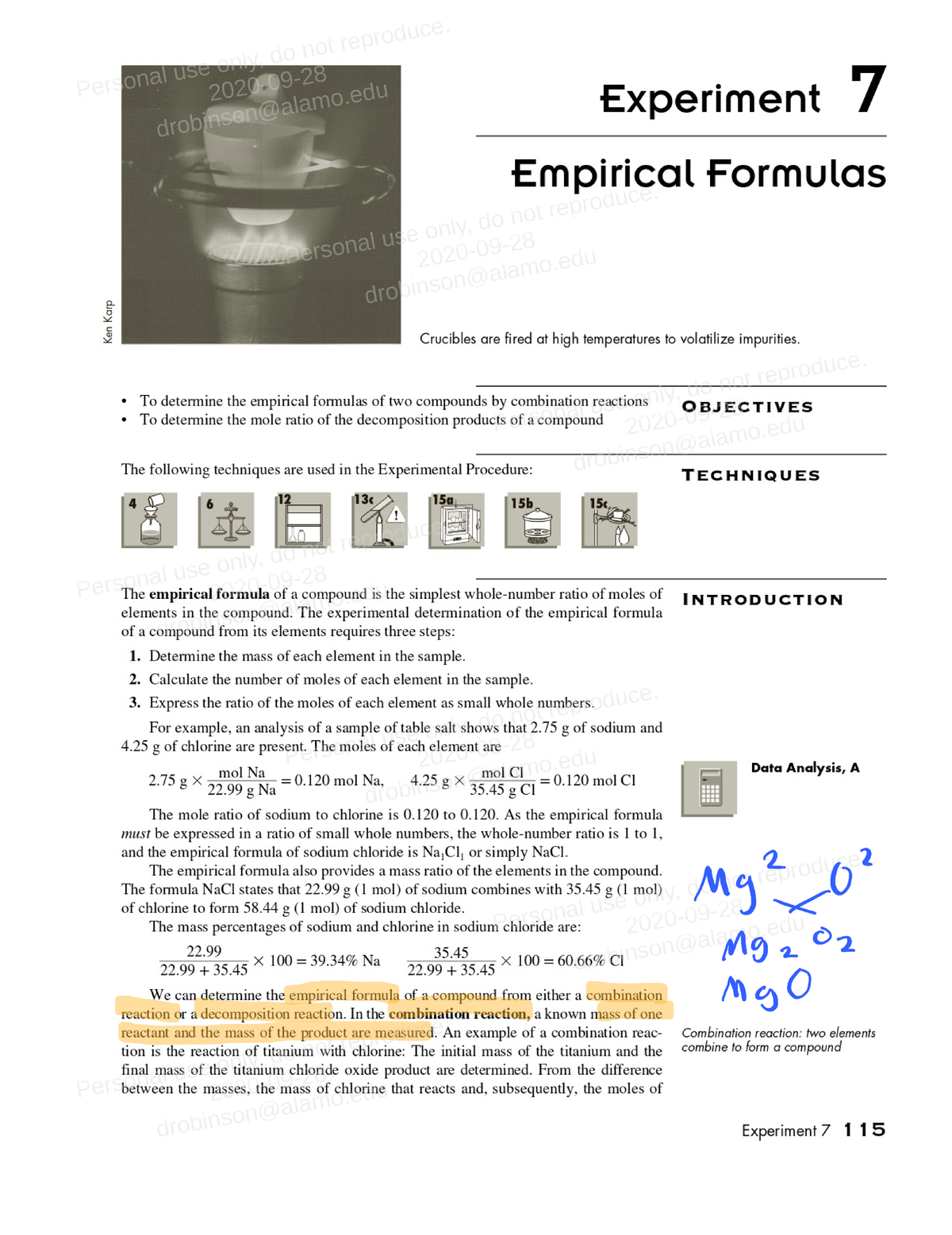 Lab Manual Beran 10e Experiment 7 - Empirical Formulas - Experiment 7 ...