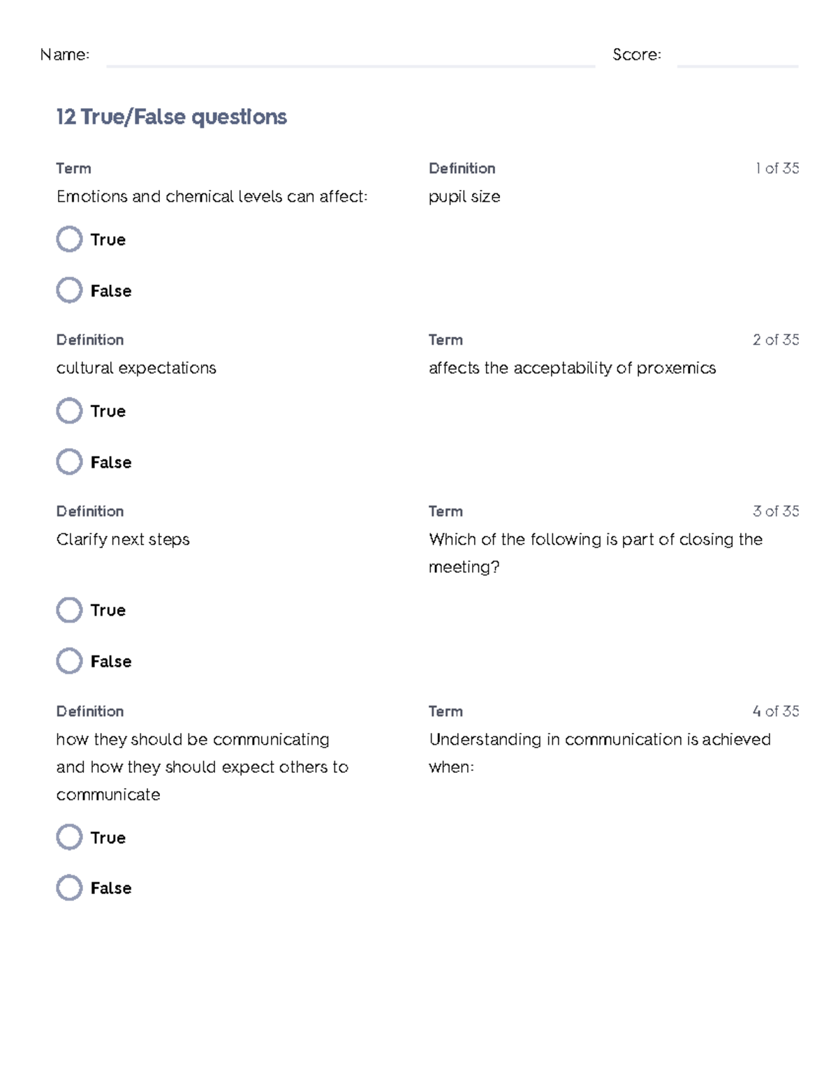 Test Business Communication Quizlet Name Score 12 True/False