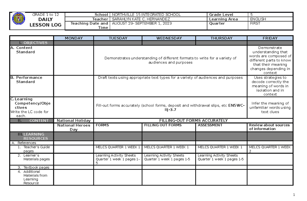 Q1-W1- English 5 - NONE - GRADE 1 to 12 DAILY LESSON LOG School ...