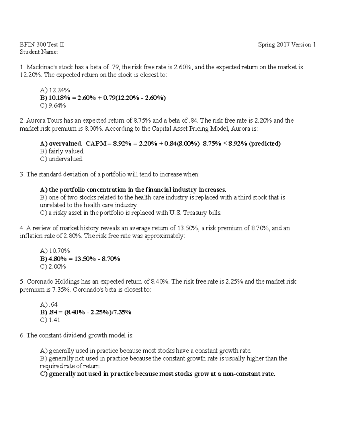 BFIN 300 SP17 Test II Guideline Answers - BFIN 300 Test II Student Name ...