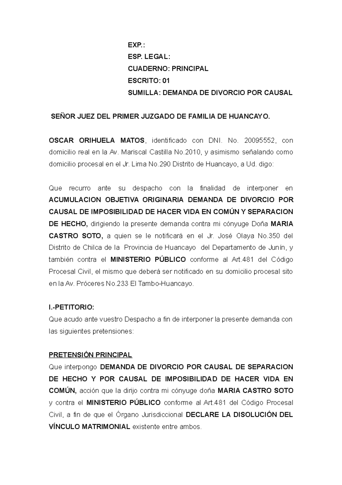 Divorcio POR Causal DE Imposibilidad DE EXP. ESP. LEGAL CUADERNO