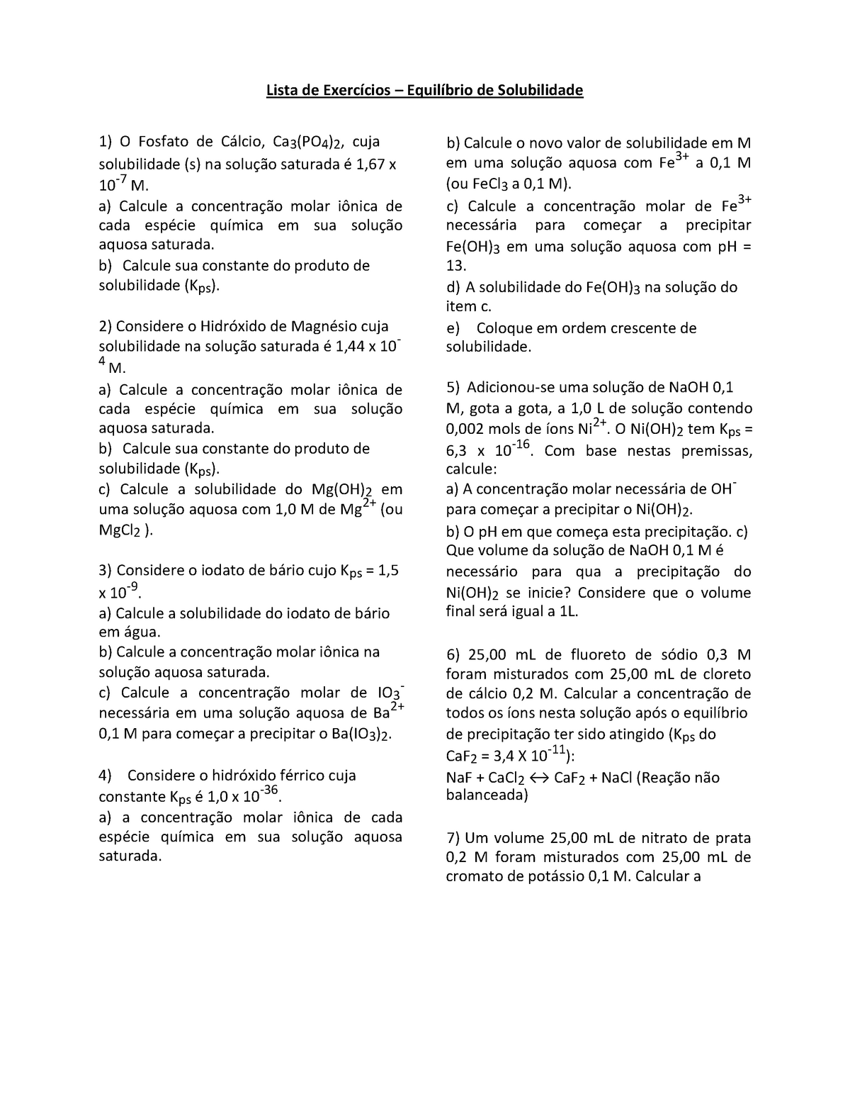 Lista E Respostas Equilíbrio De Solubilidade Lista De Exercícios Equilíbrio De 4043