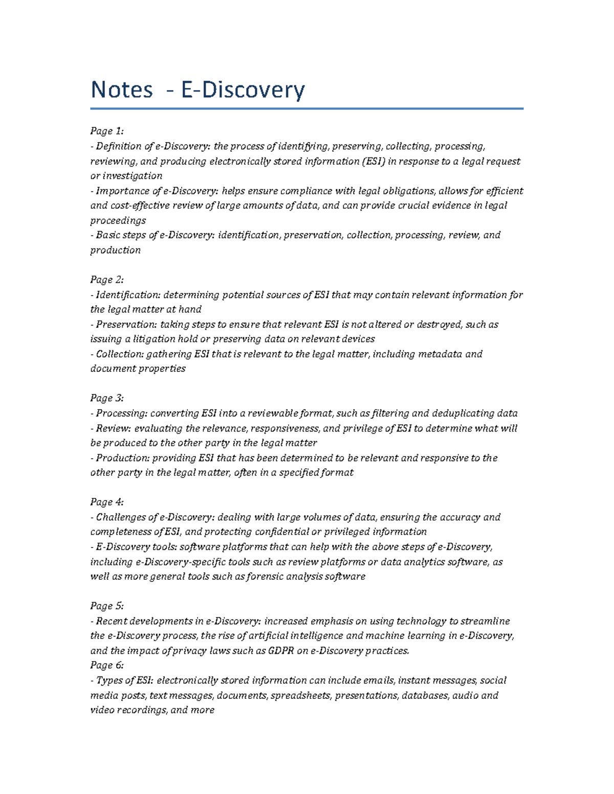 Lecture notes EDiscovery Notes EDiscovery Page 1 Definition of