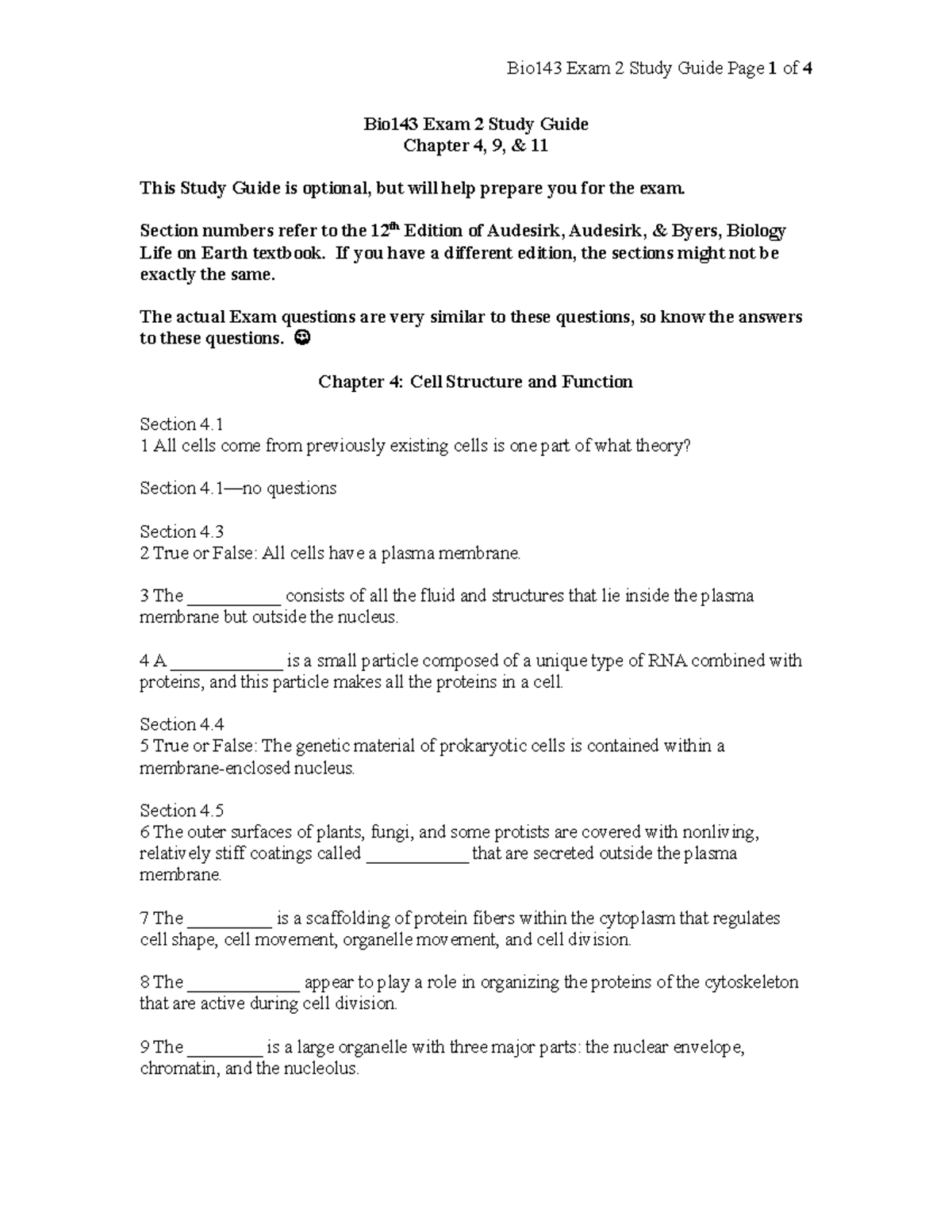 Exam 2 Study Guide - Bio143 Exam 2 Study Guide Chapter 4, 9, & 11 This ...