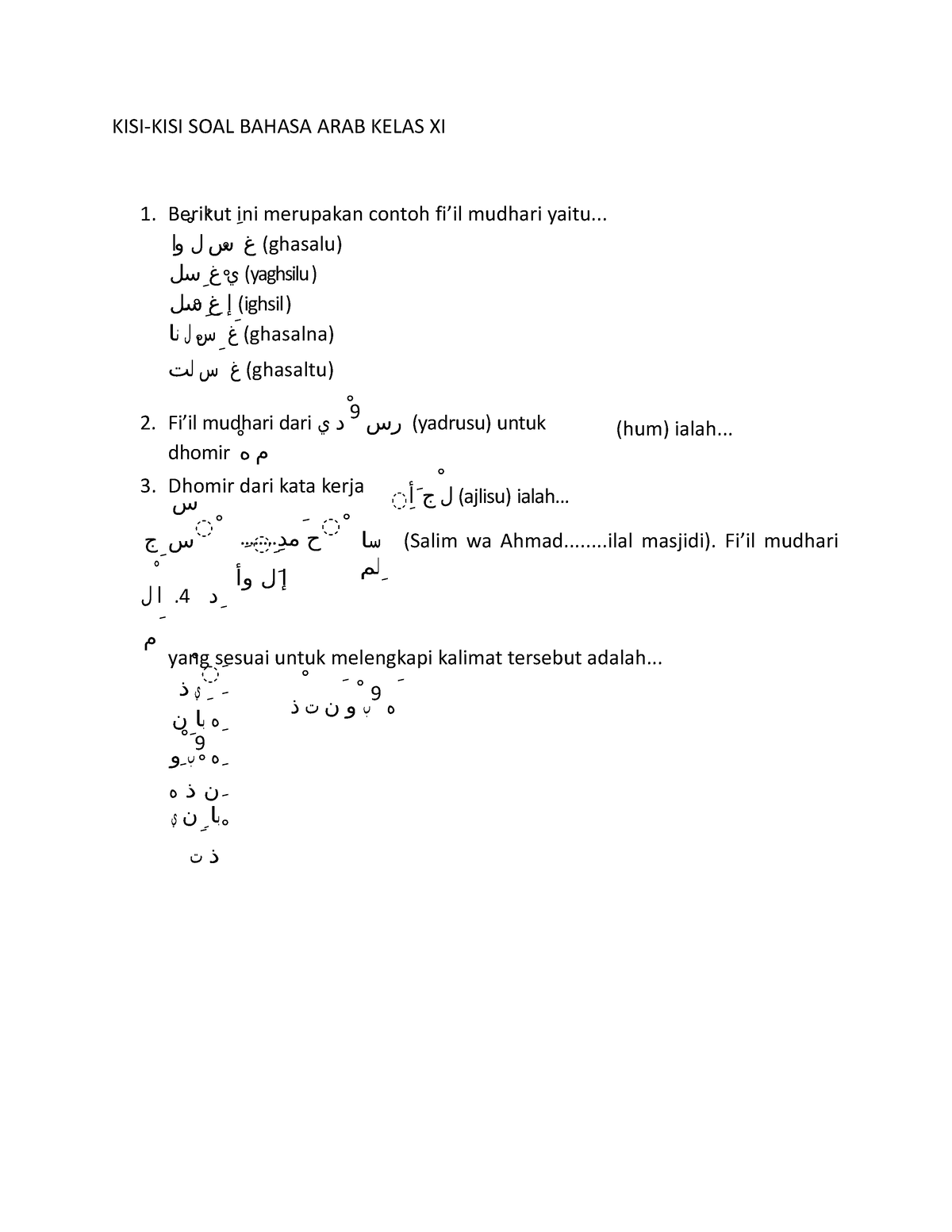 KISI-KISI SOAL Bahasa ARAB Kelas XI - KISI-KISI SOAL BAHASA ARAB KELAS ...