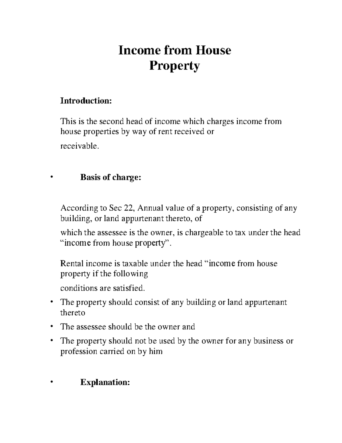 from House Property from House Property Introduction