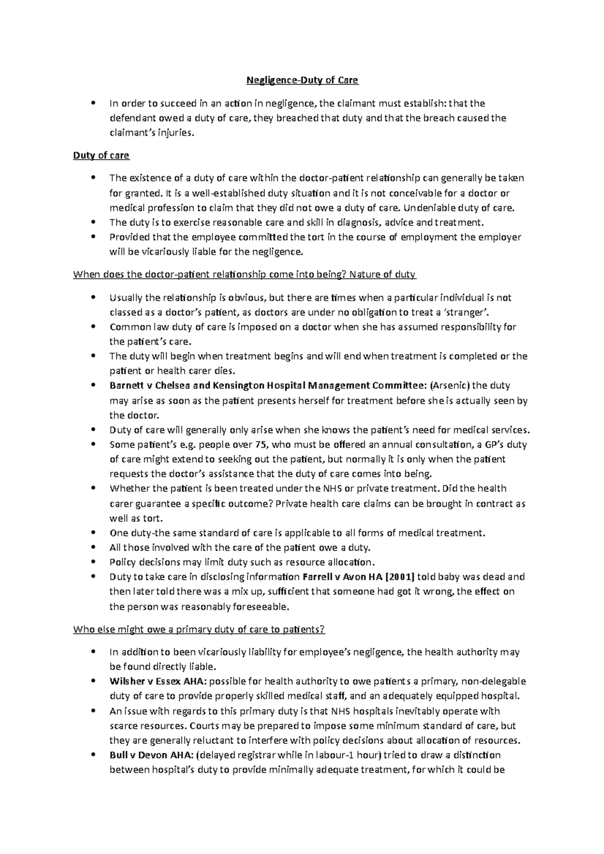 Duty of Care - Lecture notes on medical duty of care - Negligence-Duty ...