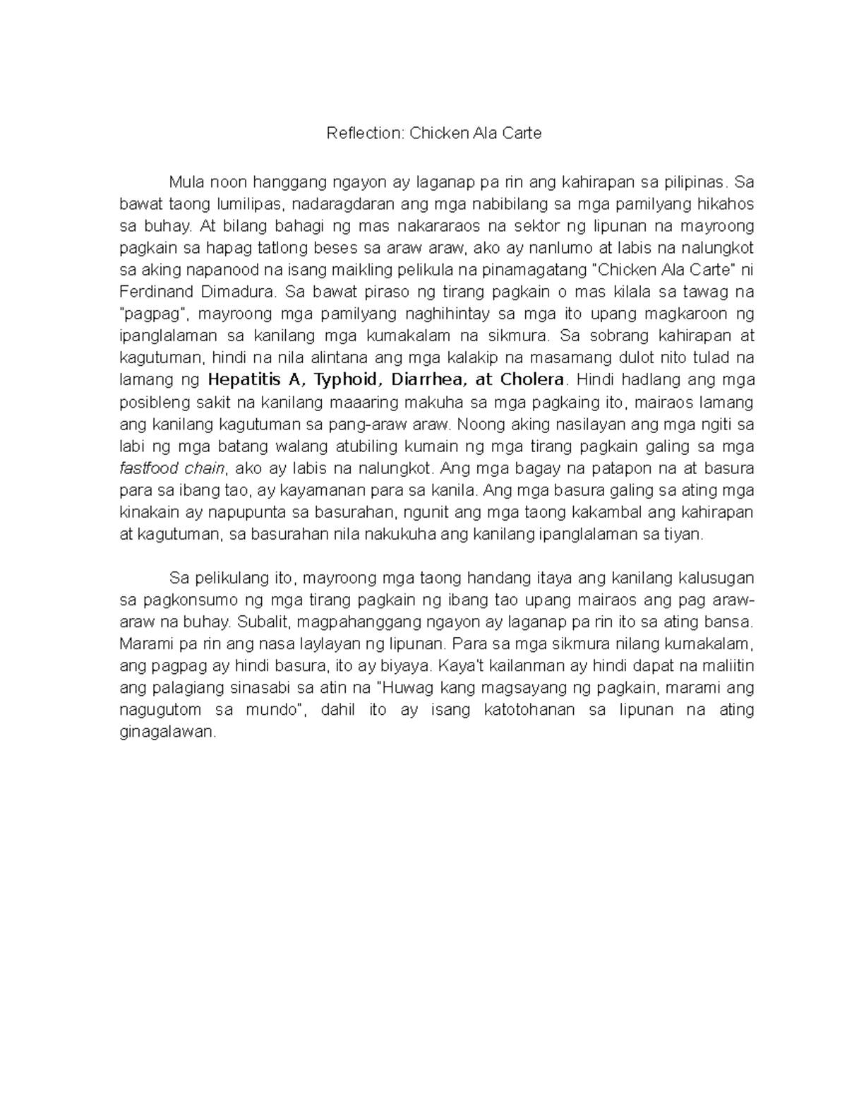 Reflection paper in Chicken Ala Carte Reflection Chicken Ala Carte Mula noon hanggang ngayon