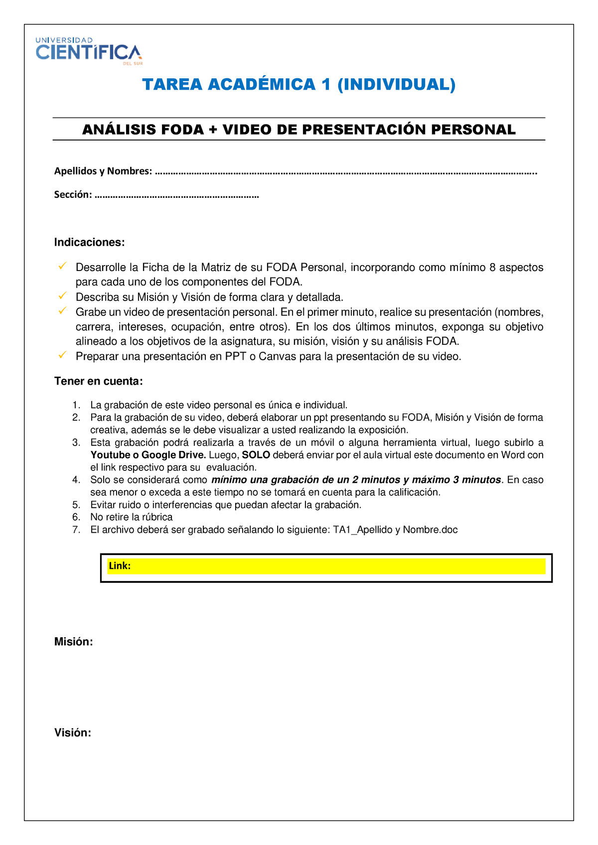 TA 1 - Trabajo Académico. - TAREA ACAD.. 1 (INDIVIDUAL) AN¡LISIS FODA ...