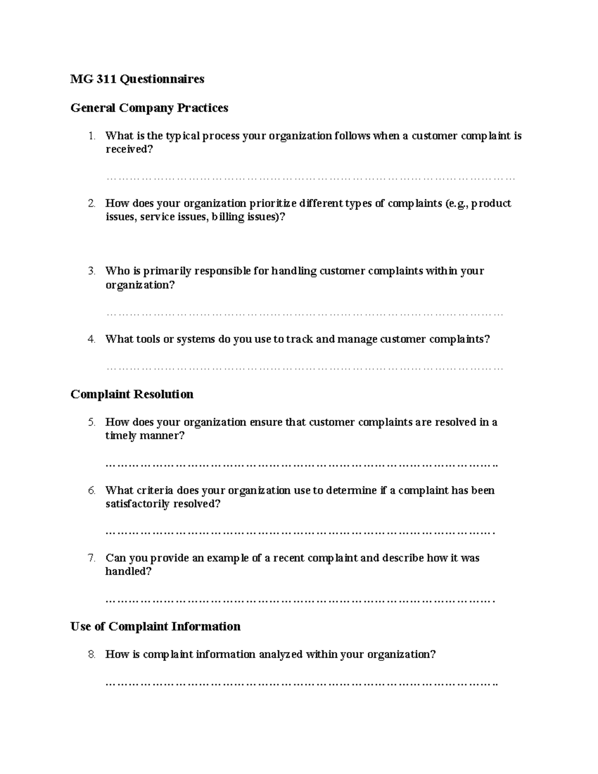 MG311 Questionnaires - Major Assignment Questionnaire samples - MG 311 ...