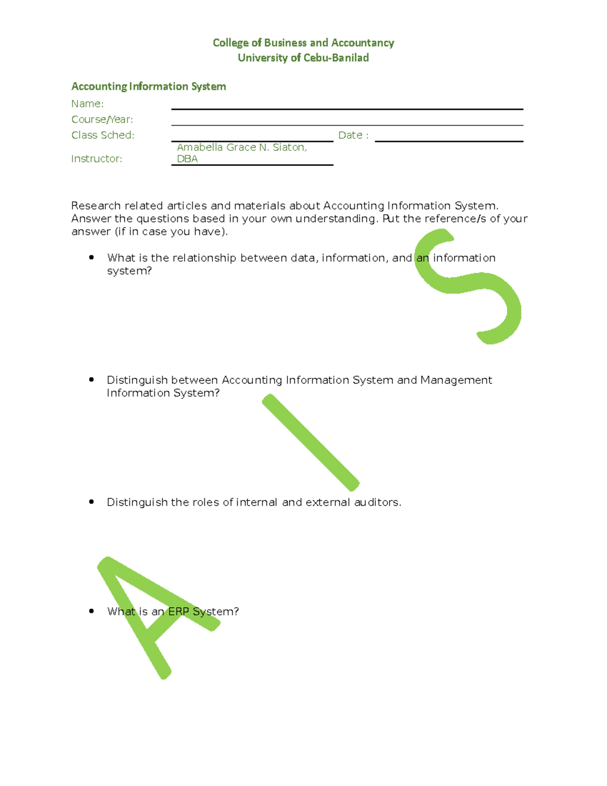 AIS Activity 1 - assignment - College of Business and Accountancy ...