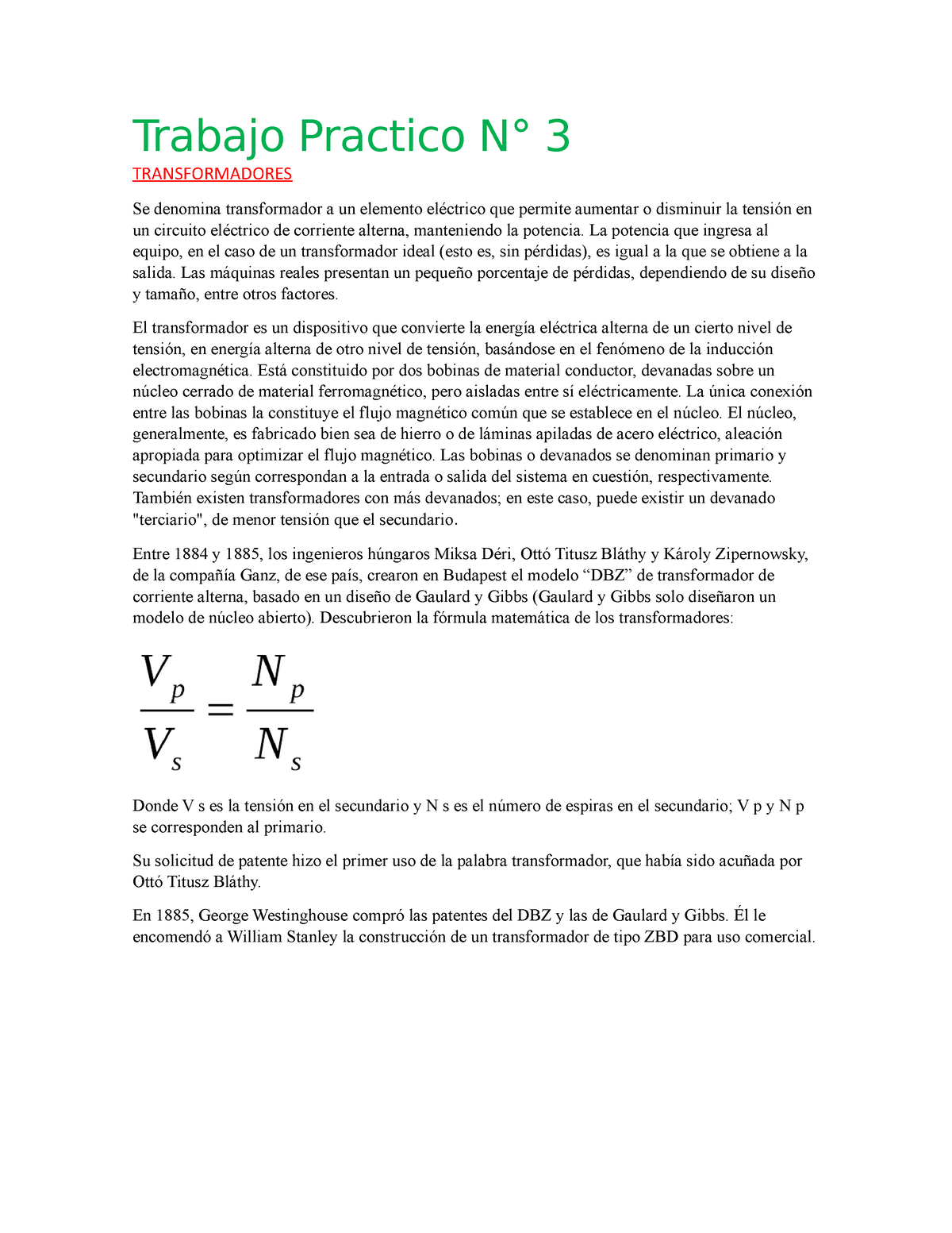 Trabajo Practico N 3 Fisica - Trabajo Practico N° 3 TRANSFORMADORES Se ...