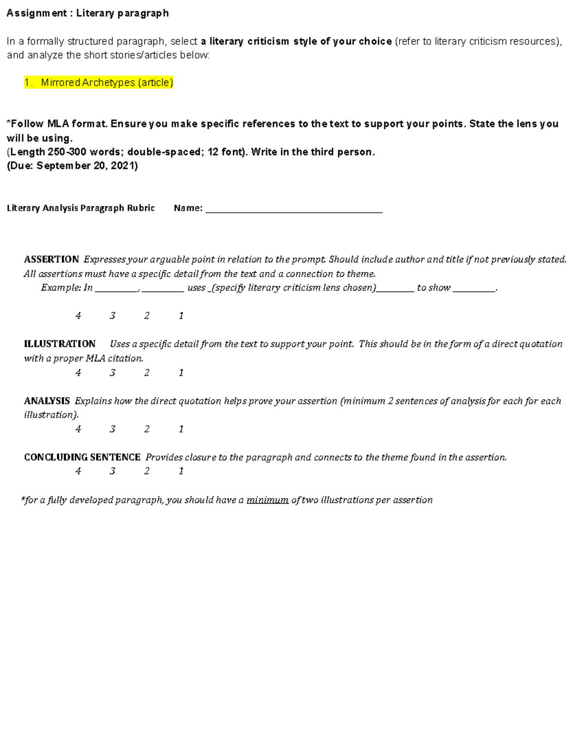 Assignment Literary analysis Paragraph - Assignment : Literary ...
