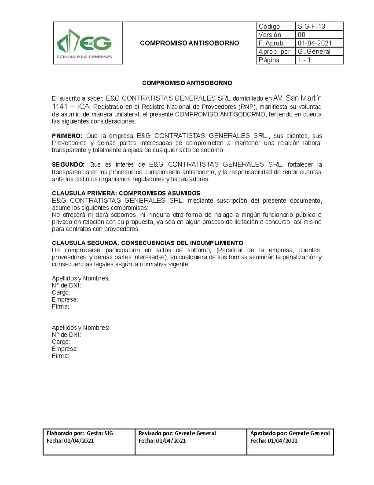 SIG-F-13 Compromiso Antisoborno (Empresa, Clientes, Proveedores Y Demás ...