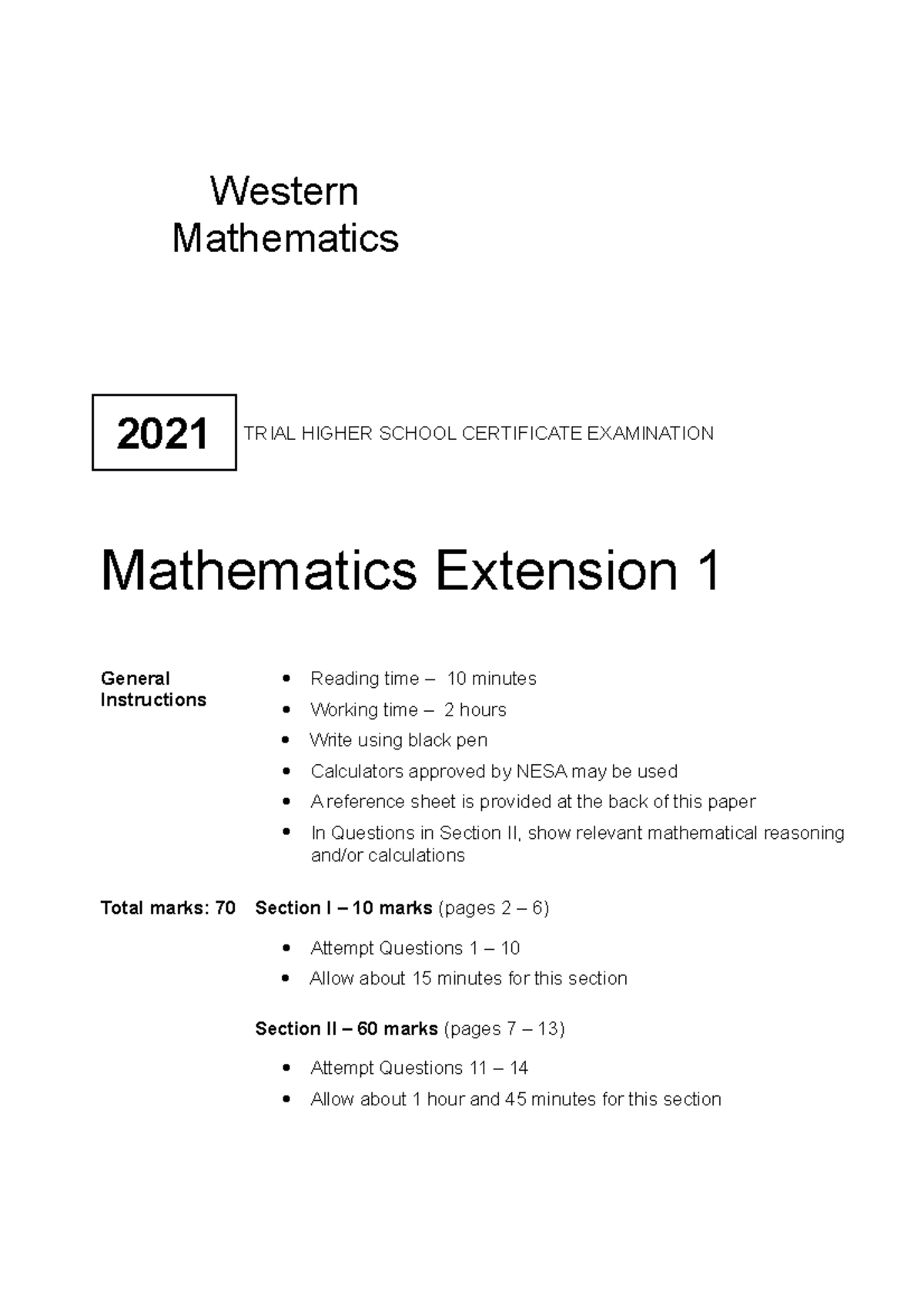Wme Mathematics Extension 1 Hsc Exam 2021 Hix101 Studocu