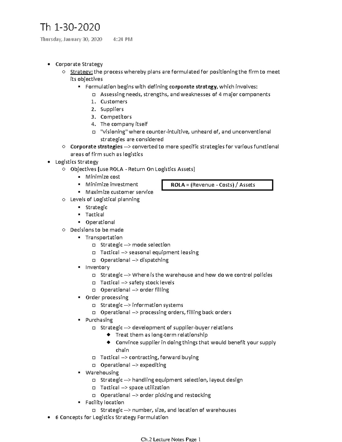 Logistics Chapter 2 Lecture Notes (Th 1-30-2020) - Warning: TT ...