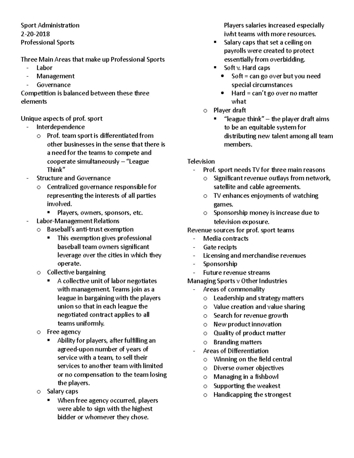 Sport Admin Notes Sport Administration 220 Professional Sports Three Main Areas that make up