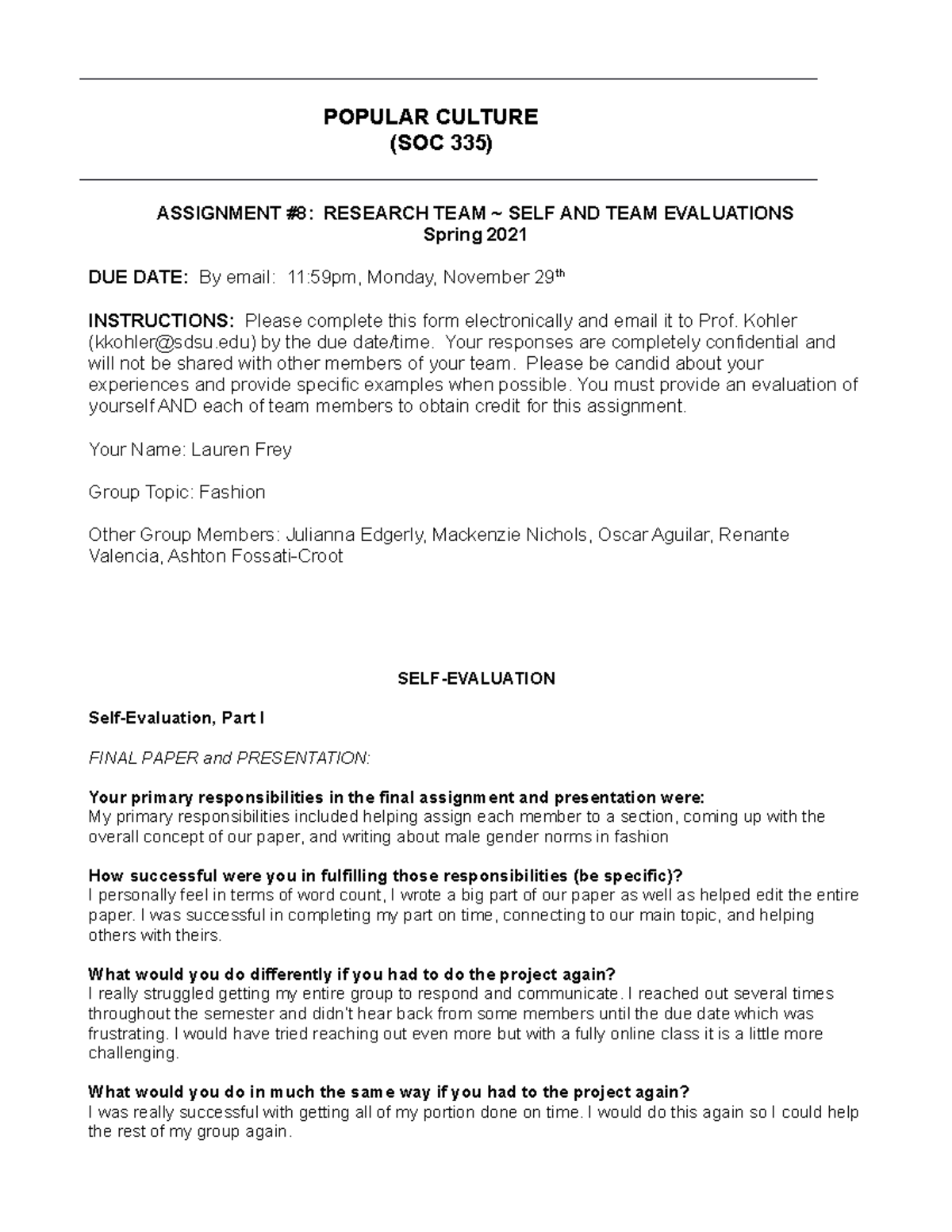 SOC 335 self and team evaluation - POPULAR CULTURE (SOC 335) ASSIGNMENT ...