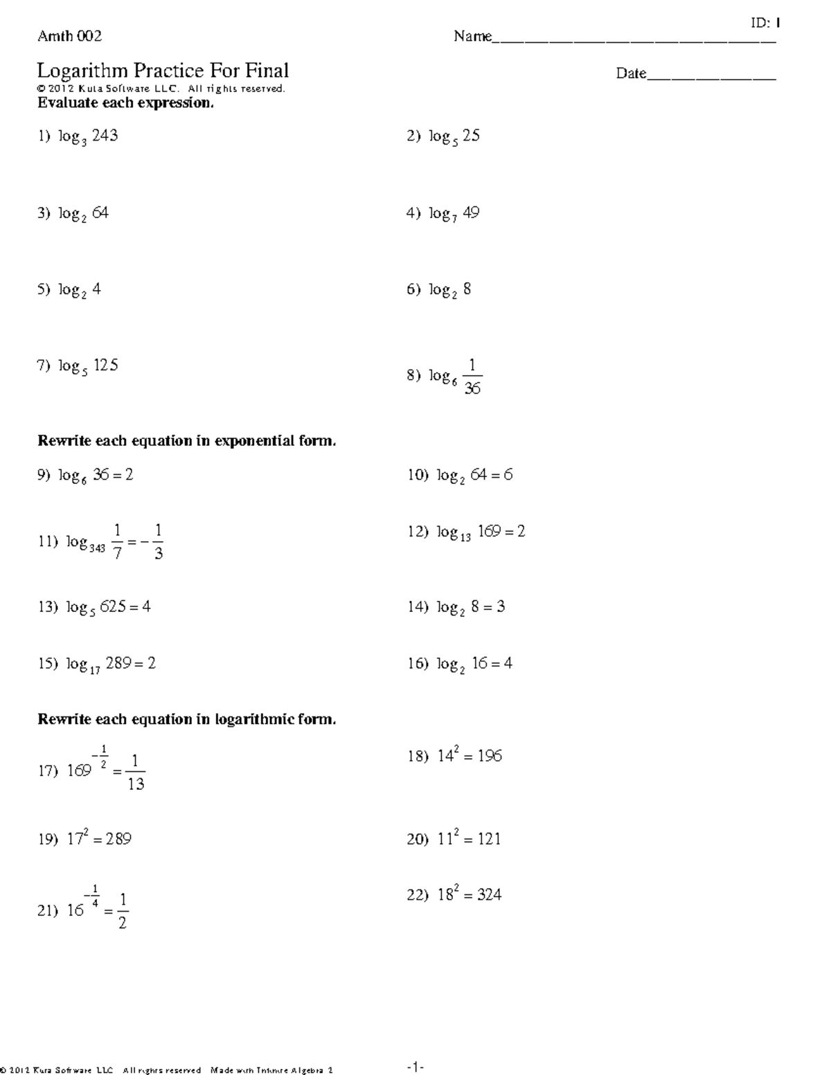 Amth 002 - Logarithm Practice For Final - ©n L 2 H 0 Z 132 N qKHujt 9 aF  DSgoNfltqwKa 4 raeM DLkLeCv - StuDocu